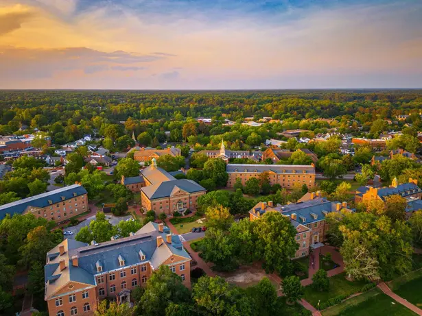 Aerial view of a college campus surrounded by trees at sunset.